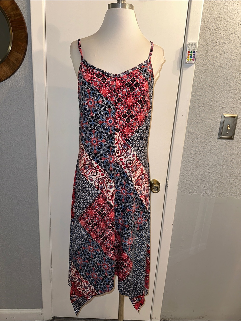 Nina Leonard Red & Blue Paisley Print Spaghetti Strap Dress